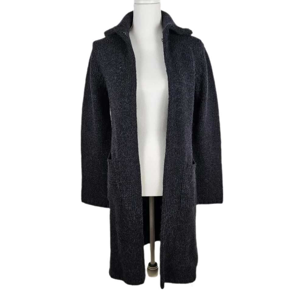 J Crew Sweater Coat Duster Womens M Blue Longline Collar Knit Alpaca blend